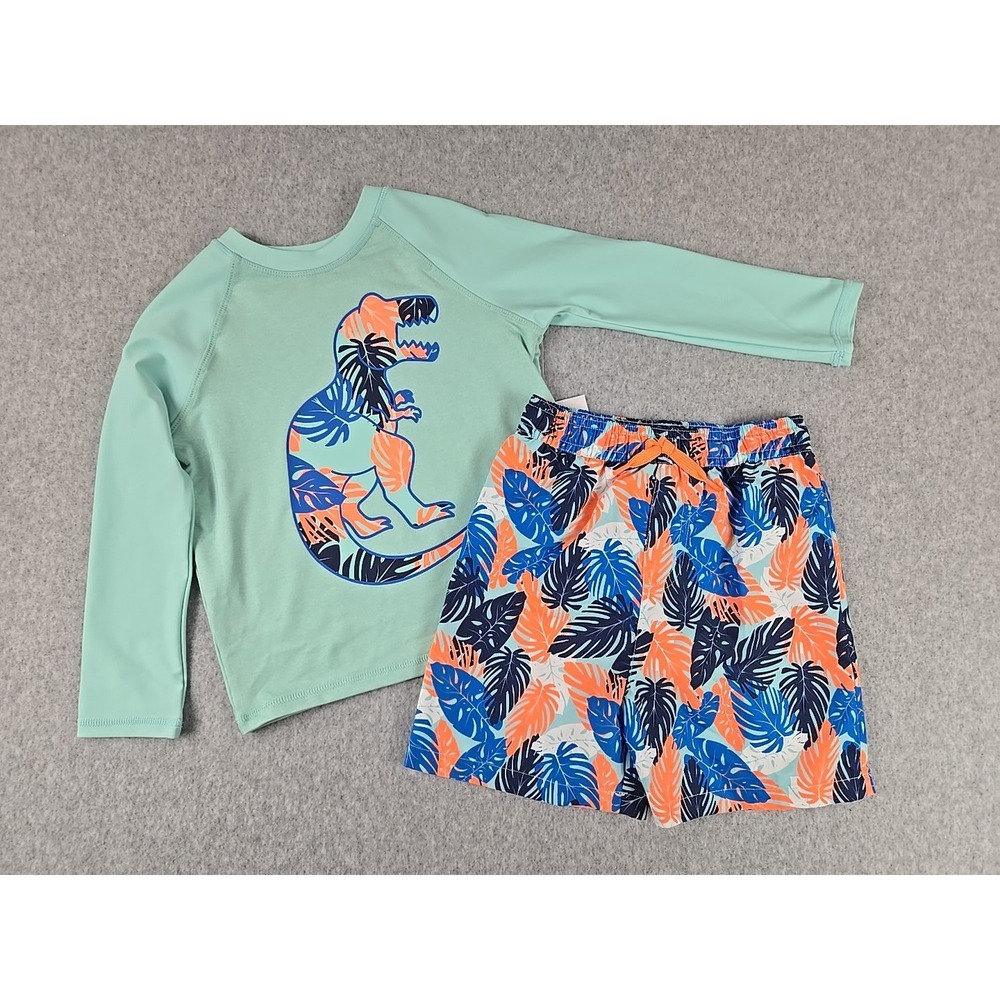 Jumping Beans Boys 2 pc Swim Set Size 5T Long Rash Guard Top Trunks Dinosaur NWT